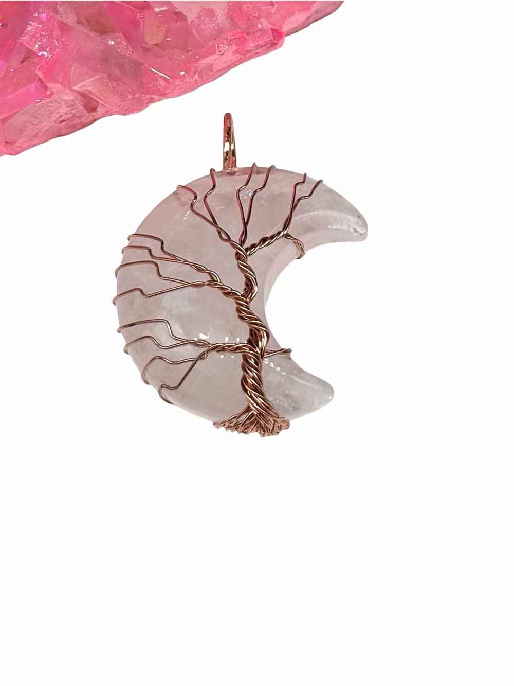 Rose Quartz Moon Necklace Pendant Tree of Life Wire Wrap Wrapped Rose Gold Tone